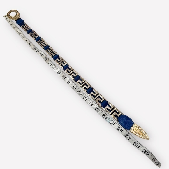 Vintage 80s Rhinestone Greek Key Blue Stretchy Belt - Picture 11 of 12